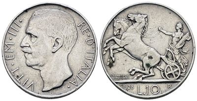 REGNO D'ITALIA. Vittorio Emanuele III (1900-1943). 10 lire 1928 "Biga"*. Ag; 10gr; 