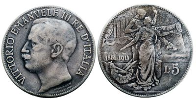REGNO D'ITALIA. Vittorio Emanuele III (1900-1943). 5 lire 1911 "Cinquantenario". Ag; 
