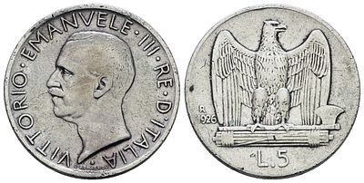 REGNO D'ITALIA. Vittorio Emanuele III (1900-1943). 5 lire 1926 "Aquilotto". Ag; 5gr; 