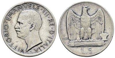 REGNO D'ITALIA. Vittorio Emanuele III (1900-1943). 5 lire 1926 "Aquilotto". Ag; 5gr; 