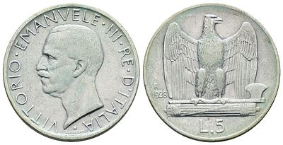 REGNO D'ITALIA. Vittorio Emanuele III (1900-1943). 5 lire 1928 "Aquilotto"**. Ag; 