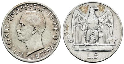 REGNO D'ITALIA. Vittorio Emanuele III (1900-1943). 5 lire 1928 "Aquilotto"**. Ag; 