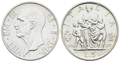 REGNO D'ITALIA. Vittorio Emanuele III (1900-1943). 5 lire 1936 "Famiglia". Ag; 5gr; 