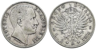 REGNO D'ITALIA. Vittorio Emanuele III (1900-1943). 2 lire 1906 "Aquila sabauda". Ag; 