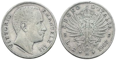 REGNO D'ITALIA. Vittorio Emanuele III (1900-1943). 2 lire 1907 "Aquila sabauda". Ag; 