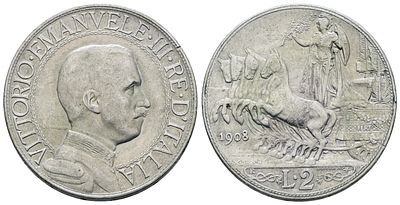 REGNO D'ITALIA. Vittorio Emanuele III (1900-1943). 2 lire 1908 "Quadriga veloce". Ag; 