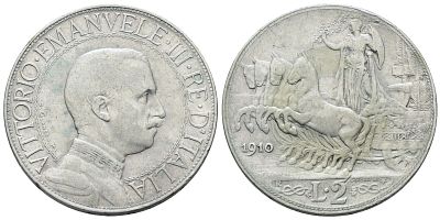 REGNO D'ITALIA. Vittorio Emanuele III (1900-1943). 2 lire 1910 "Quadriga veloce". Ag; 