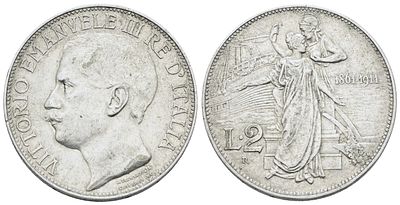 REGNO D'ITALIA. Vittorio Emanuele III (1900-1943). 2 lire 1911 "Cinquantenario". Ag; 