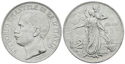 REGNO D'ITALIA. Vittorio Emanuele III (1900-1943). 2 lire 1911 "Cinquantenario". Ag; 