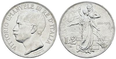 REGNO D'ITALIA. Vittorio Emanuele III (1900-1943). 2 lire 1911 "Cinquantenario". Ag; 