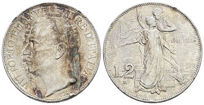 REGNO D'ITALIA. Vittorio Emanuele III (1900-1943). 2 lire 1911 "Cinquantenario". Ag; 