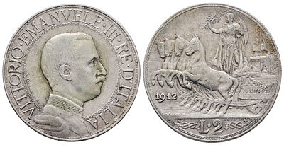 REGNO D'ITALIA. Vittorio Emanuele III (1900-1943). 2 lire 1912 quadriga veloce. Gig. 99; Ag; 