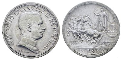 REGNO D'ITALIA. Vittorio Emanuele III (1900-1943). 2 lire 1914 "Quadriga briosa". Ag; 