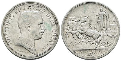 REGNO D'ITALIA. Vittorio Emanuele III (1900-1943). 2 lire 1915 "Quadriga briosa". Ag; 
