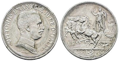 REGNO D'ITALIA. Vittorio Emanuele III (1900-1943). 2 lire 1917 "Quadriga briosa". Ag; 