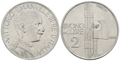 REGNO D'ITALIA. Vittorio Emanuele III (1900-1943). 2 lire 1924 "Fascio". Ni; 10gr; 