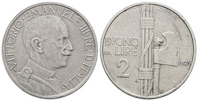 REGNO D'ITALIA. Vittorio Emanuele III (1900-1943). 2 lire 1926 "Fascio". Ni; Gig. 
