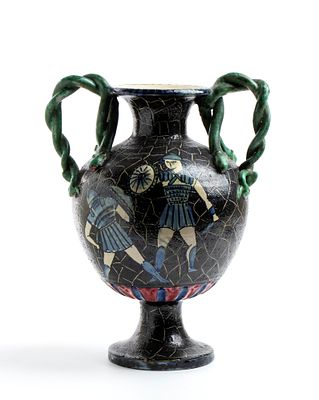 MANIFATTURA AVALLONE, Two-handled vase with warriors 1940s/50s Sgraffito ceramic 34 x 27 cm 