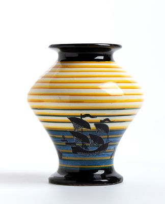 MANIFATTURA RBC, Small vase with boats and fishes decoration Ceramic 17 x 15 cm ca. Signed 