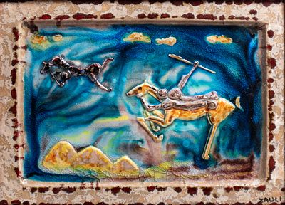 CARLO ZAULI (Faenza 1926 - 2002), Hunter on horseback Ceramic 39 x 54 cm Ceramic with 