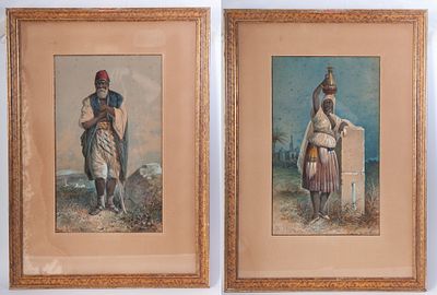 Eritrean Shepherds, early 20th century. watercolor drawings on paper 46 x 28 cm framed, signed 