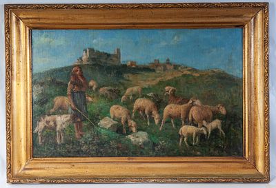 Shepherdess with flock, late 19th century early 20th century. oil painting on panel 38 x 60 cm 
