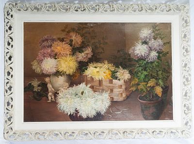 Still life with flowers and crockery, early 20th century. oil painting on canvas 80 x 120 cm 
