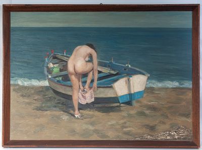 Nude woman, 20th century. oil painting on panel 50 x 70 cm Framed. Sketch of a city on the back. 