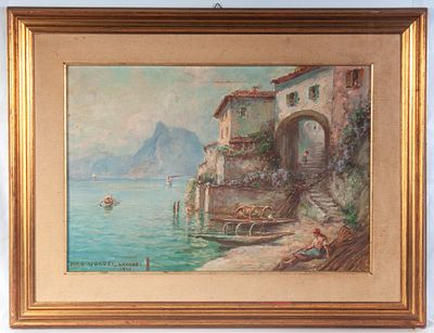 A glimpse of the coast with boats and fishermen, 1948. oil painting on canvas 37 x 54 cm signed 