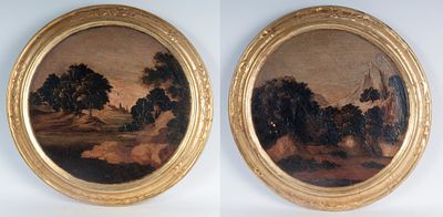 Pair of landscapes, early 20th century. oil paintings on round panel diameter 35 x 4 cm Round 