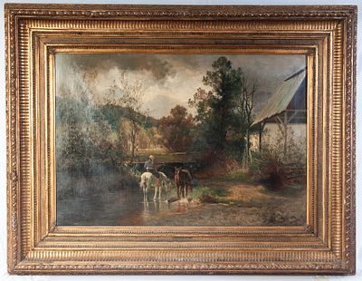 Country landscape with river, horses and characters, late 19th century. oil painting on canvas 