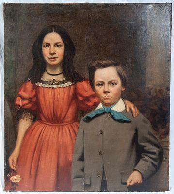 Couple of children, early 20th century. oil painting canvas 92 x 81 cm Condition: good, relined