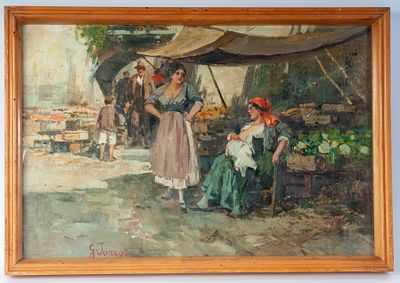 At the market, 20th century. oil painting on canvas 40 x 60 cm framed, signed. State of 