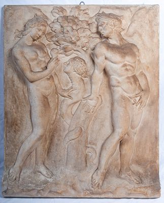 Adam and Eve in the Garden of Paradise, 20th century. 41 x 84 x 68 cm white patina plaster 