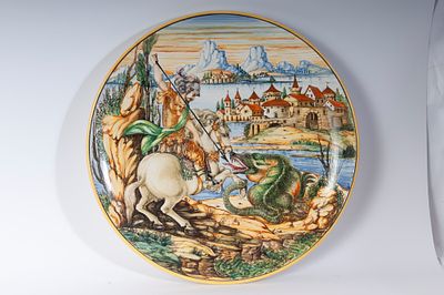 Saint George and the Dragon, polychrome ceramic plate. diameter 41.5 x 4 cm full-scale. 
