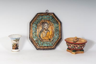 lot of three ceramic objects:, 19th/20th century. Polychrome octagonal tile with depictions of 