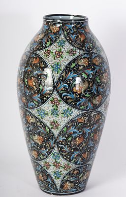 Polychrome ceramic spindle vase, 1930s. 31 x 8.3 x 9 cm with polychrome floral decoration within 