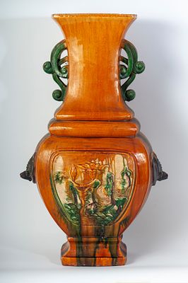 Ceramic baluster vase, China, 20th century. 63 x 38 x 21 cm three-coloured, stylised handles 