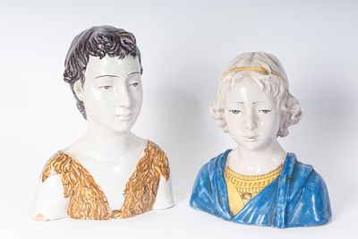 Lot of two male busts. 23 x 17.5 x 8cm; 18 x 18 x 10 cm Polychrome ceramic, cast in the round. 