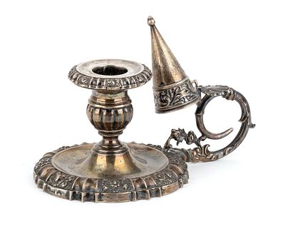 Italian sterling silver candlestick, Milan, 1812-1872. Height x width x depth: 8.5 x 18 x 11.5 