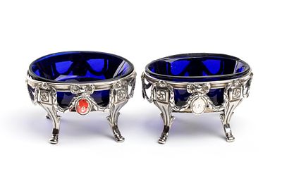 Pair of French solid silver salt cellars, Paris, 18th century. Height x width x depth: 5 x 7.5 x 