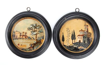 A pair of hard stone plaque, Florence, 18th century. Diameter: 16.5 cm. Frame diameter: 23.8 cm. 