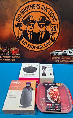 WIFI router, microwave bacon dish and (2) phone chargers