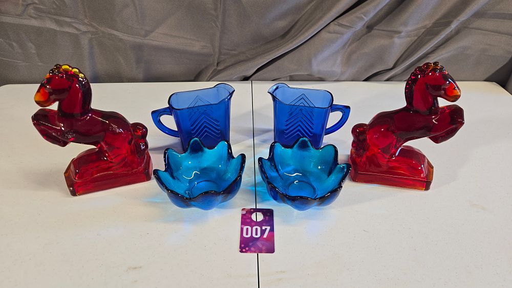 Lot 7: Cobalt Blue Pitchers, Blue Dishes and (2) Glass Horse Bookends
