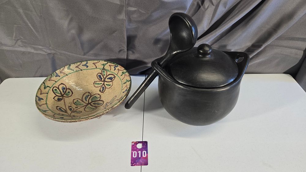 Lot 10: Lead Glaze Bowl (Pakistan) and Crock with lid and ladle