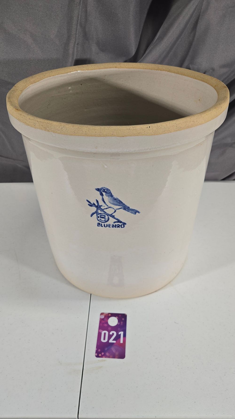 Lot 21: Blue Bird 5-gallon crock (Great Condition)