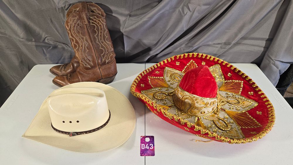 Lot 43: Justin Cowboy Hat, Sombrero and Cowboy Boots