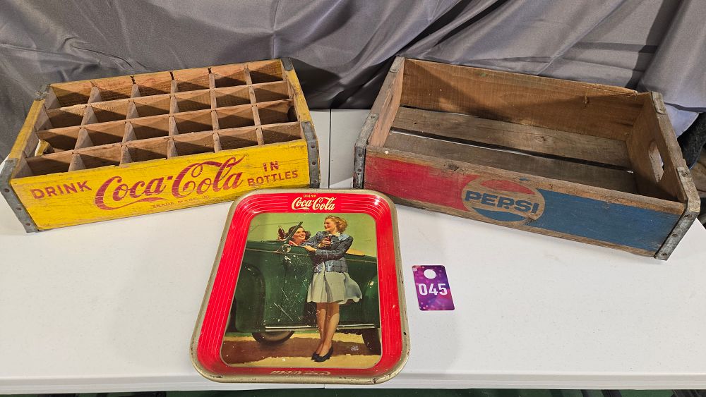 Lot 45: Pepsi and Coca Cola wooden bottle crates and Coca Cola vintage tray