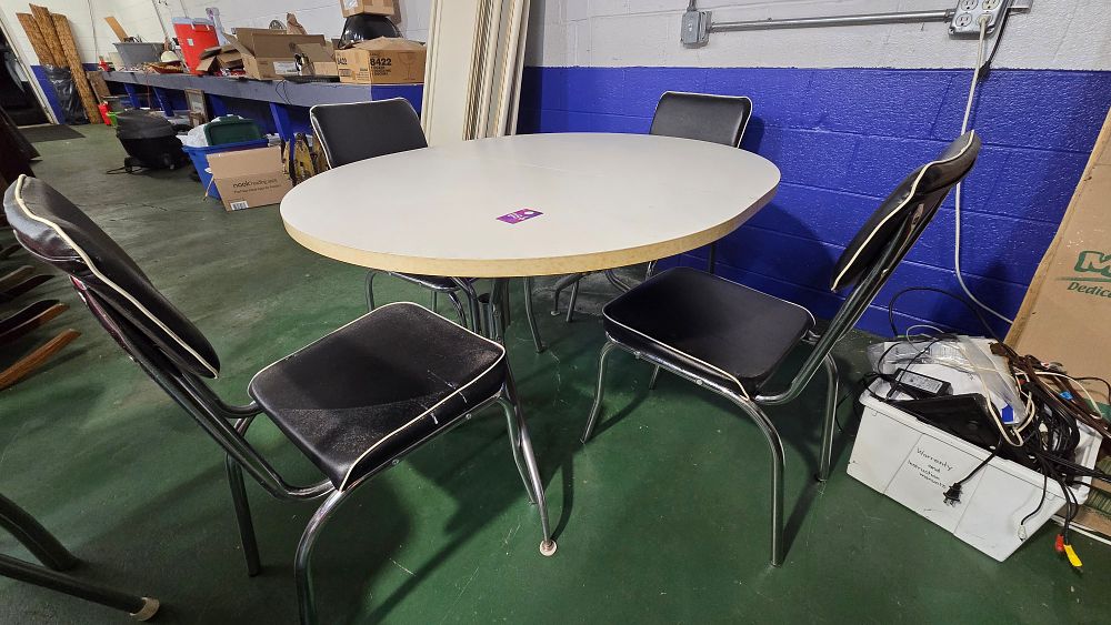 Lot 86: Vintage 1950's White table with 4 black chairs with metal frames