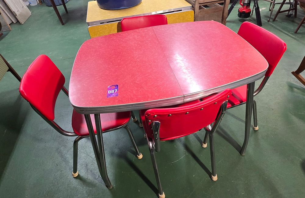 Lot 87: Vintage 1950's Red table and 4 chairs (reupholstered) metal frames